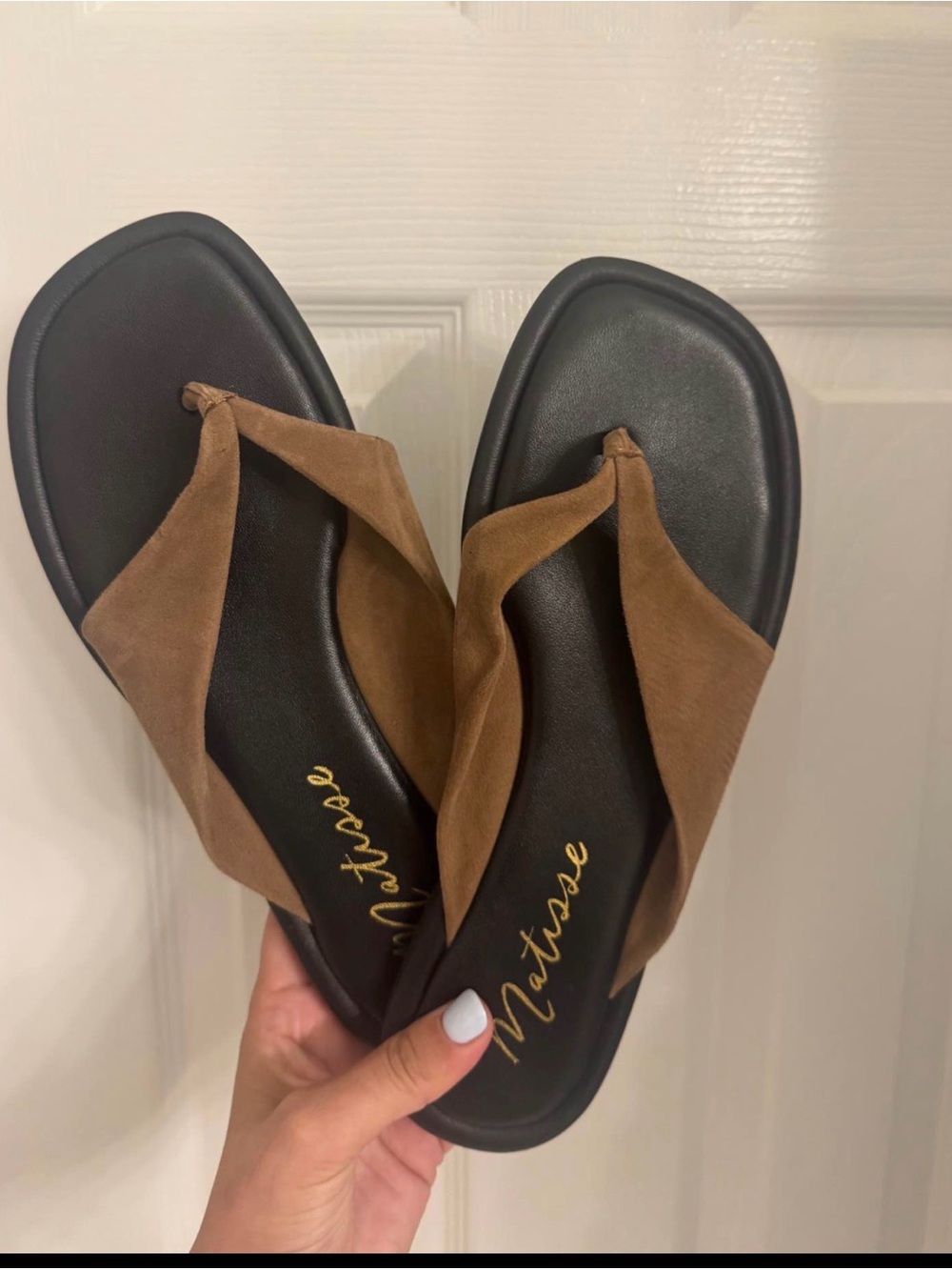 Matisse Brown Suede Thong Sandals with Black Footbed
